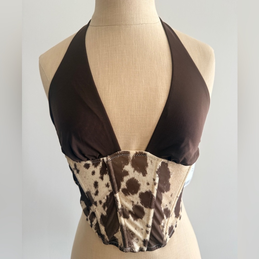 Urban Outfitters Brown and Cream Animal Print Halter Top | Small